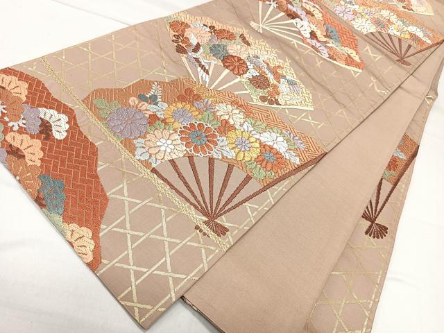 平和屋着物◎六通柄袋帯　扇面花鳥文　金糸　正絹　逸品　CAAL5626kb