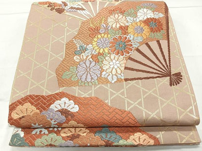 平和屋着物◎六通柄袋帯　扇面花鳥文　金糸　正絹　逸品　CAAL5626kb
