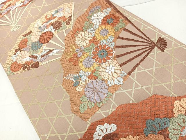 平和屋着物◎六通柄袋帯　扇面花鳥文　金糸　正絹　逸品　CAAL5626kb