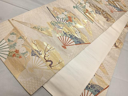 平和屋着物◎六通柄袋帯 扇面飛鶴草花文 金糸 正絹 逸品 CAAL5645kb