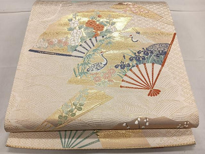 平和屋着物◎六通柄袋帯 扇面飛鶴草花文 金糸 正絹 逸品 CAAL5645kb
