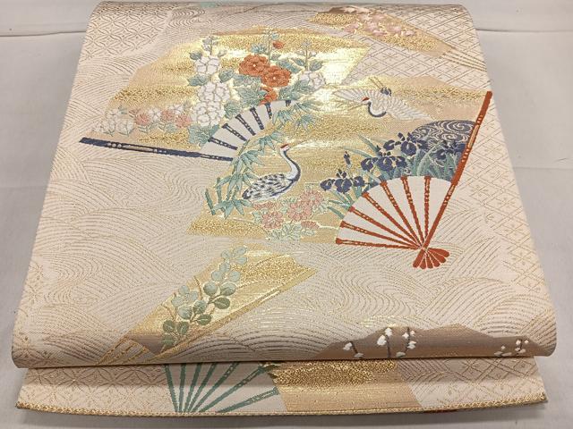 平和屋着物◎六通柄袋帯 扇面飛鶴草花文 金糸 正絹 逸品 CAAL5645kb