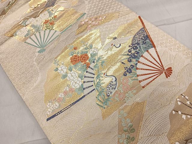平和屋着物◎六通柄袋帯 扇面飛鶴草花文 金糸 正絹 逸品 CAAL5645kb