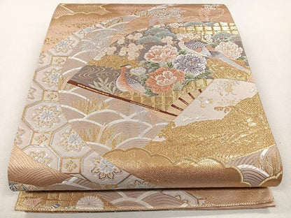 平和屋着物◎六通柄袋帯 唐織 地紙花鳥文 金糸 正絹 逸品 CAAL5726kb
