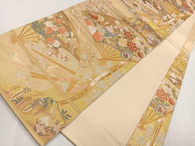 平和屋着物◎六通柄袋帯 唐織 扇面重ね花車文 金糸 正絹 逸品