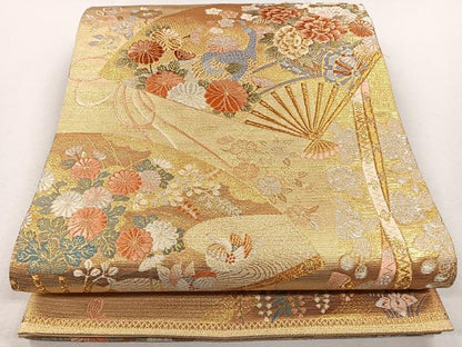 平和屋着物◎六通柄袋帯 唐織 錦繍檜扇花鳥文 金銀糸 正絹 逸品 CAAL5729kb