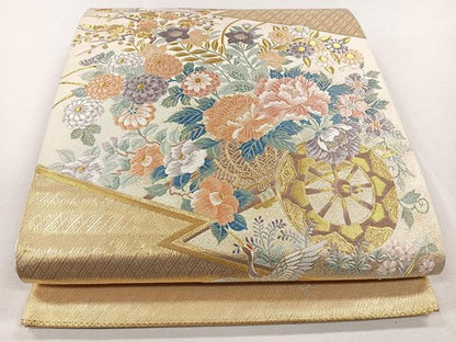 平和屋着物◎六通柄袋帯 飛鶴松皮菱花車文 金銀糸 正絹 逸品 CAAL5736kb