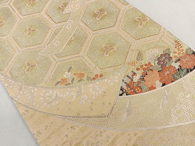H-298 袋帯 正絹 六通 箔 銀糸 芝 亀甲 楓 華模様 シルバー