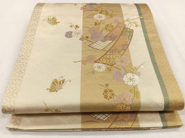 平和屋着物◎六通柄袋帯 流水草花文 金糸 正絹 逸品 AAAO4792jh