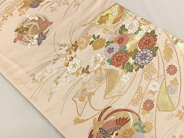 袋帯 豪華 唐織 鳳凰に花紋 宝尽くし 内側加工 六通 正絹 着