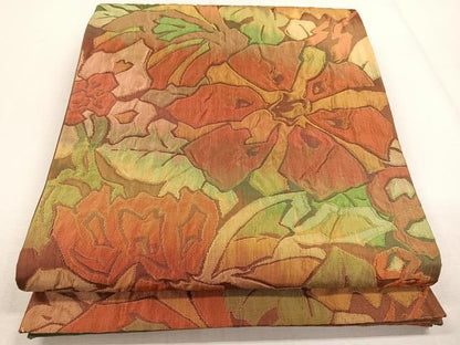 平和屋着物◎六通柄袋帯 ふくれ織 草花文 金糸 正絹 逸品 CAAL5817kb