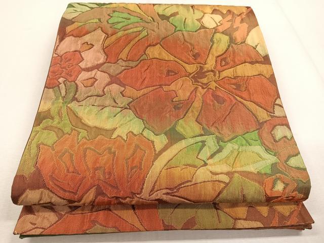 平和屋着物◎六通柄袋帯 ふくれ織 草花文 金糸 正絹 逸品 CAAL5817kb