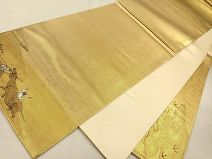 平和屋着物◎六通太鼓柄袋帯 手描き 雲取り飛鳥文 引箔 正絹 逸品 CAAL5847kb