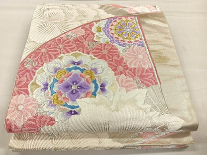 平和屋着物◎六通柄袋帯 唐織 牡丹末広文 扇面花鳥文 金銀糸 引箔 正絹 逸品 CAAL5851kb