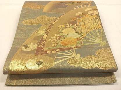 平和屋着物◎太鼓柄袋帯 扇面御所車鴛鴦くさば文 金彩 正絹 逸品 CAAL5869kb