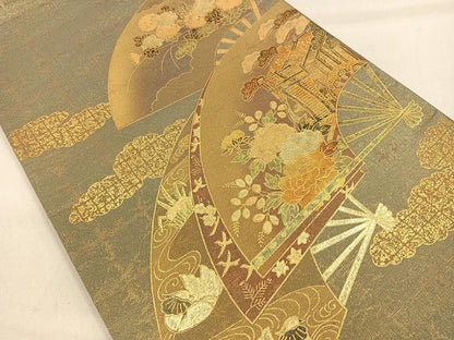 平和屋着物◎太鼓柄袋帯 扇面御所車鴛鴦くさば文 金彩 正絹 逸品 CAAL5869kb