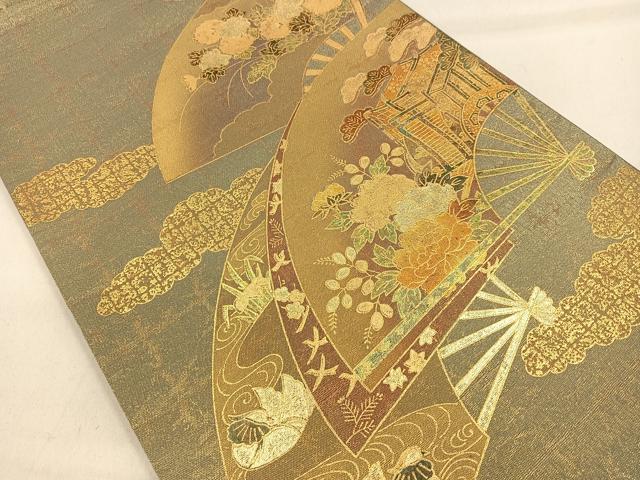 平和屋着物◎太鼓柄袋帯 扇面御所車鴛鴦くさば文 金彩 正絹 逸品 CAAL5869kb