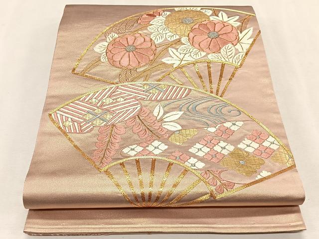 平和屋着物◎太鼓柄袋帯 駒刺繍 扇面吉祥花文 金糸 引箔 正絹 逸品 CAAL5917kb