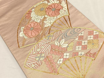 平和屋着物◎太鼓柄袋帯 駒刺繍 扇面吉祥花文 金糸 引箔 正絹 逸品 CAAL5917kb