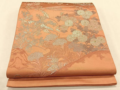 平和屋着物◎太鼓柄袋帯　刺繍　流水草花文　銀糸　引箔　正絹　逸品　CAAL5918kb