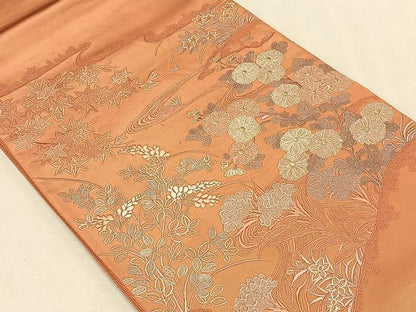 平和屋着物◎太鼓柄袋帯　刺繍　流水草花文　銀糸　引箔　正絹　逸品　CAAL5918kb