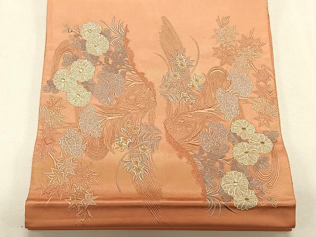 平和屋着物◎太鼓柄袋帯　刺繍　流水草花文　銀糸　引箔　正絹　逸品　CAAL5918kb