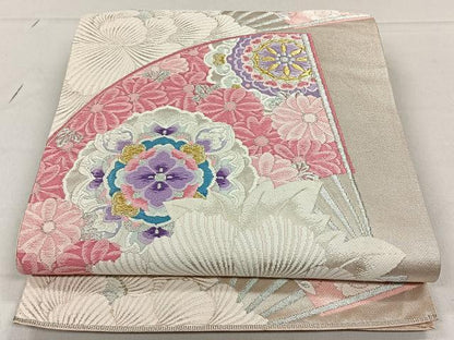 平和屋着物◎六通柄袋帯 扇面鳳凰草花文 金銀糸 正絹 逸品 CAAL6409qv