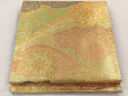 平和屋着物◎両面　六通柄袋帯　錦乃　雲重ね花唐草文　金糸　正絹　逸品　CAAL6434qv