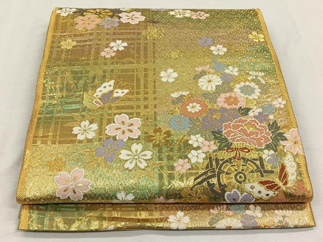 平和屋着物◎六通柄袋帯　唐織　花車舞蝶文　金糸　正絹　逸品　CAAL6464qv