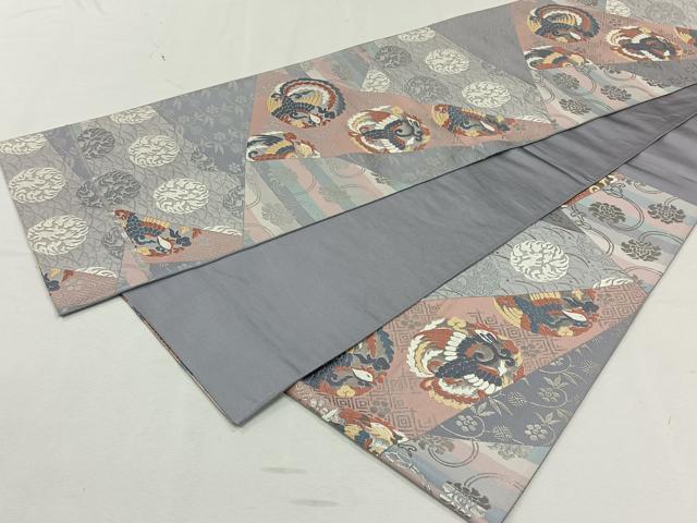 平和屋着物◎六通柄袋帯 切嵌鳳凰草花丸文 銀糸 正絹 逸品 CAAL6490qv