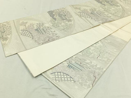 平和屋着物◎六通柄袋帯 地紙風景草花文 銀糸 正絹 逸品 CAAL6496qv