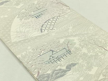 平和屋着物◎六通柄袋帯 地紙風景草花文 銀糸 正絹 逸品 CAAL6496qv
