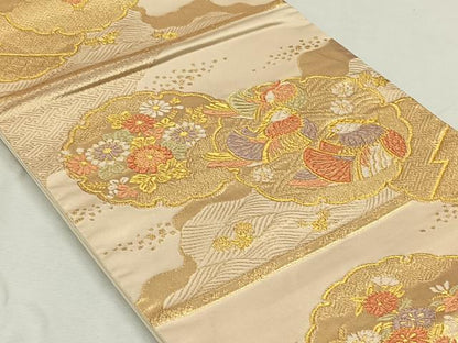 平和屋着物◎六通柄袋帯　雪輪鴛鴦流水花文　金糸　正絹　逸品　CAAL6498qv