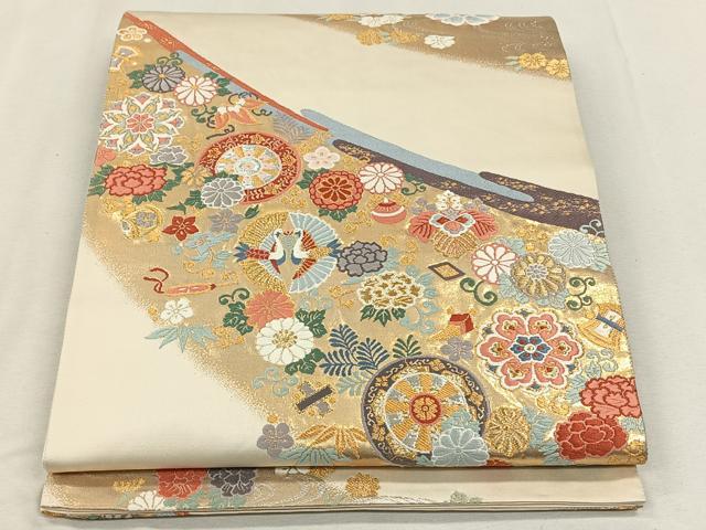 平和屋着物◎六通柄袋帯 向かい鳥草花文 金銀糸 正絹 逸品 CAAL6502qv