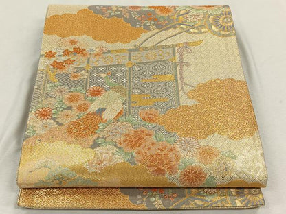 平和屋着物◎宝珠本佐賀錦 六通柄袋帯 九百錦 雲重ね孔雀花文 金糸 正絹 逸品 CAAL6516qv
