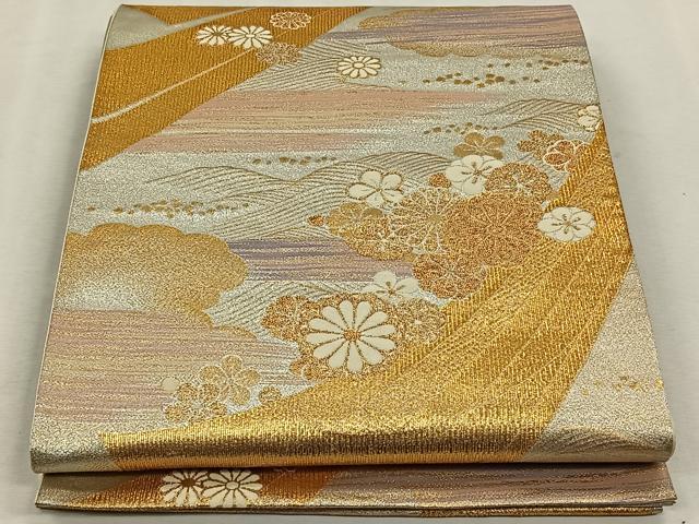 平和屋着物◎六通柄袋帯 熨斗草花文 金糸 正絹 逸品 CAAL6560qv