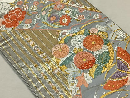 平和屋着物◎六通柄袋帯 唐織 花蝶寿扇文 金銀糸 正絹 逸品 CAAL6722qv