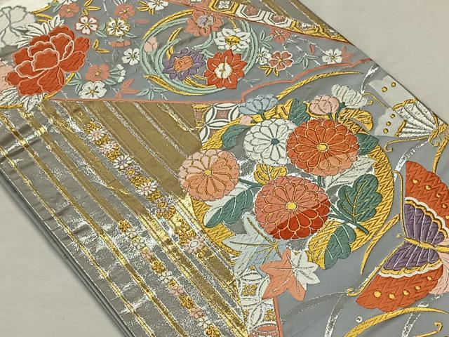 平和屋着物◎六通柄袋帯 唐織 花蝶寿扇文 金銀糸 正絹 逸品 CAAL6722qv