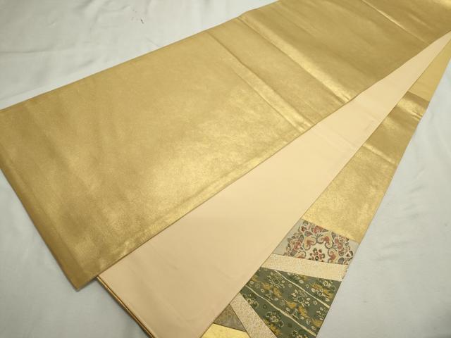 平和屋着物◎六通太鼓柄袋帯 切嵌 双鶴草花文 金糸 正絹 逸品 CAAL8492ze