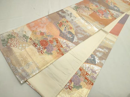 平和屋着物◎六通柄袋帯 唐織 扇面花車文 金銀糸 正絹 逸品 CAAL8518ze