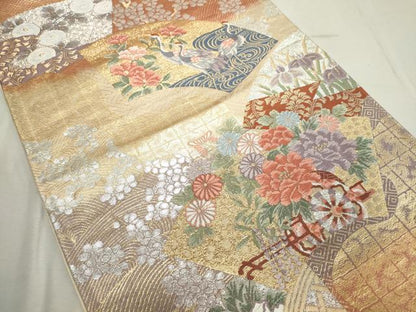 平和屋着物◎六通柄袋帯 唐織 扇面花車文 金銀糸 正絹 逸品 CAAL8518ze