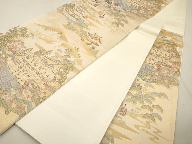 SO-370 袋帯 六通 正絹 金糸 遠山 風景文様 建物 平和屋着物□六通柄袋帯 風景文 金糸 正絹 逸品 CAAM3736ak