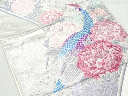 平和屋着物■六通柄袋帯 唐織 孔雀草花文 銀糸 正絹 逸品 CAAM7716fb