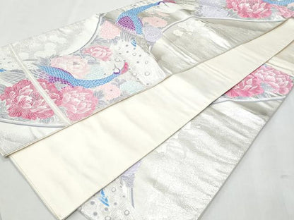 平和屋着物■六通柄袋帯 唐織 孔雀草花文 銀糸 正絹 逸品 CAAM7716fb