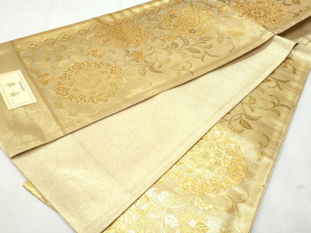 極上 逸品 美品 彩替華文 唐草 金糸 パステル 六通 正絹 フォーマルな袋帯 平和屋着物◎六通太鼓柄袋帯 唐織 エ霞草花文 金糸 正絹
