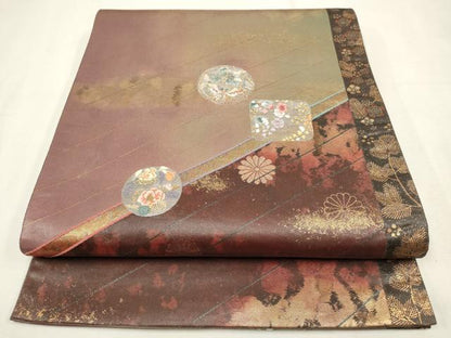 平和屋着物■六通太鼓柄袋帯 花時絵 研き出し箔 引箔 正絹 逸品 CAAM8135in