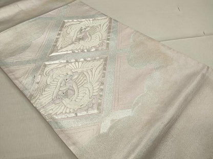 平和屋着物■六通太鼓柄袋帯 駒刺繍 鳳凰菱文 銀彩 正絹 逸品 CAAM8194in