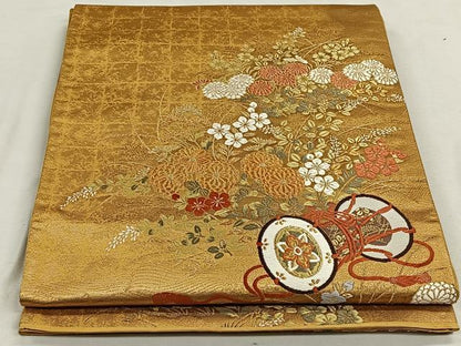 平和屋着物◎六通太鼓柄袋帯 鼓草花文 金糸 正絹 逸品 CAAN3626qv