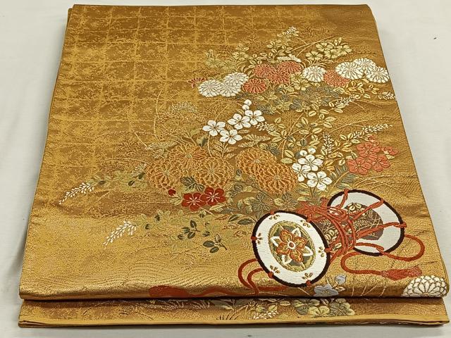 平和屋着物◎六通太鼓柄袋帯 鼓草花文 金糸 正絹 逸品 CAAN3626qv