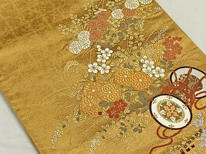 平和屋着物◎六通太鼓柄袋帯 鼓草花文 金糸 正絹 逸品 CAAN3626qv
